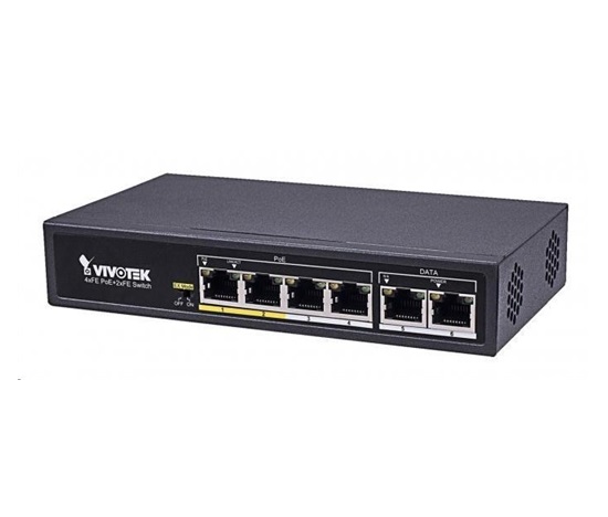 Vivotek 6-ti portový Switch, 4xRJ45 10/100 s PoE (802.3af/at, PoE budget 60W), 2xRJ45 10/100, 4kV přepěťová ochrana