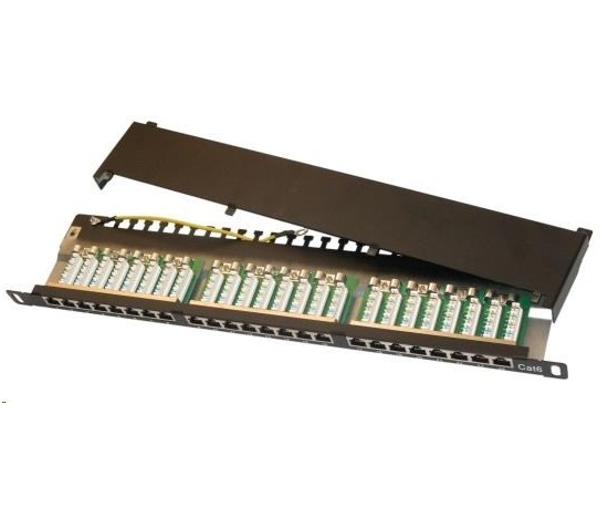 19"/0,5U Patch panel XtendLan 24port, STP, Cat6, 30µm, blok110, černý