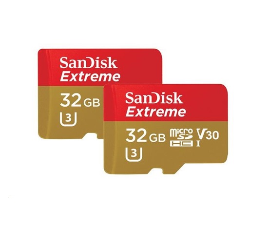 SanDisk MicroSDHC karta 32GB Extreme (100MB/s, A1 C10 V30 UHS-I U3, pro akční kamery) + adaptér, Twin Pack