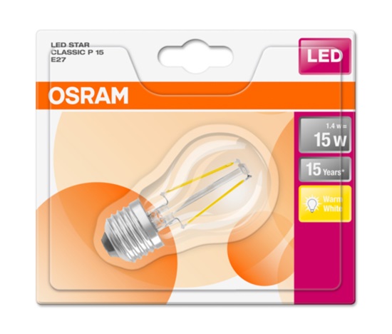 OSRAM LED STAR CL P Filament 1,4W 827 E27 136lm 2700K (CRI 80) 15000h A++ (Blistr 1ks)