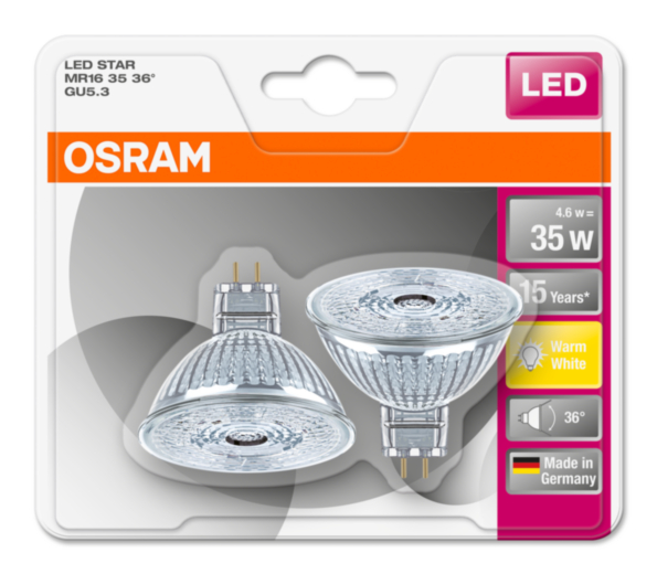 OSRAM LED STAR MR16 36° 4,6W 827 GU5.3 350lm 2700K (CRI 80) 15000h A+ (Krabička 2ks) | eD system a.s.