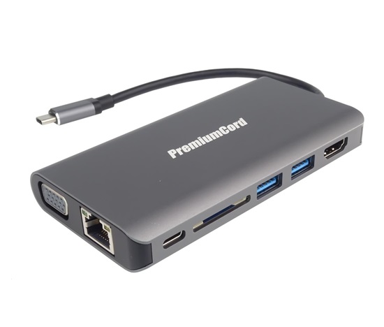 PREMIUMCORD Převodník USB3.1 typ C na HDMI+VGA+RJ45+2xUSB3.0+SD card +3,5mm+PD charge