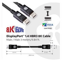 Club3D Kabel certifikovaný DisplayPort 1.4, HBR3, 8K60Hz (M/M), 3m, 28 AWG