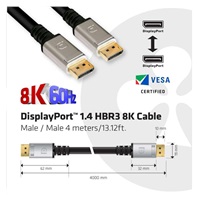 Club3D Kabel certifikovaný DisplayPort 1.4, HBR3, 8K60Hz (M/M), stříbrné koncovky, 4m, 24 AWG