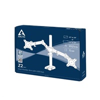 Arctic Z1 je flexibilní držák monitoru s dvěma rameny a USB hubem navržen tak, aby mohla být maximálně využita plocha pracovního stolu a LCD monitory nepřekážely. Ramena lze natáčet ve třech úrovních a rozsahu 360 stupňů pro dosažení maximální ergonomie.<br><br>LCD rozměr obrazovky: 13 - 27"<br>VESA: 75 / 100<br>Nosnost: 10kg x 2<br>Naklápění: +- 15 stupňů<br>Naklonění: 360 stupňů<br>Rotace: 360 stupňů<br>Výška stojanu: 410mm<br>Nastavitelnost: 113 - 413mm<br>Barva: černá<br>Rozměry(balení): 550x241x86 mm<br>Hmotnost: 4.60 kg