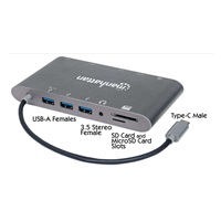 MANHATTAN Dokovací stanice USB-C 7v1, 1xHDMI, 1xVGA, 1xUSB-C,3xUSB, 1xRJ45, 1x3.5mm, šedá