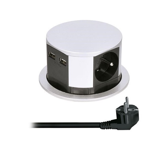 Solight výsuvný blok zásuvek, 3 zásuvky, 2x USB, kruhový tvar nízký, prodlužovací přívod 1,5m, 3 x 1mm2, stříbrný