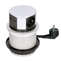 Solight výsuvný blok zásuvek, 3 zásuvky, 2x USB, kruhový tvar nízký, prodlužovací přívod 1,5m, 3 x 1mm2, stříbrný