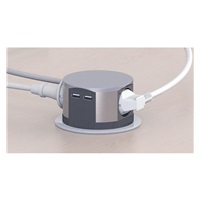 Solight výsuvný blok zásuvek, 3 zásuvky, 2x USB, kruhový tvar nízký, prodlužovací přívod 1,5m, 3 x 1mm2, stříbrný