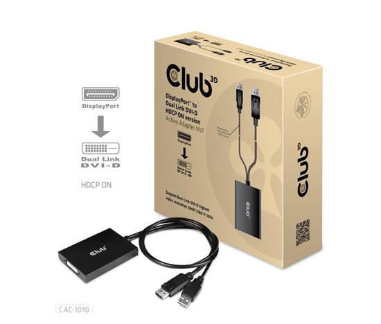 Club3D Adaptér aktivní DisplayPort na Dual Link DVI-D, USB napájení, 60cm, HDCP ON