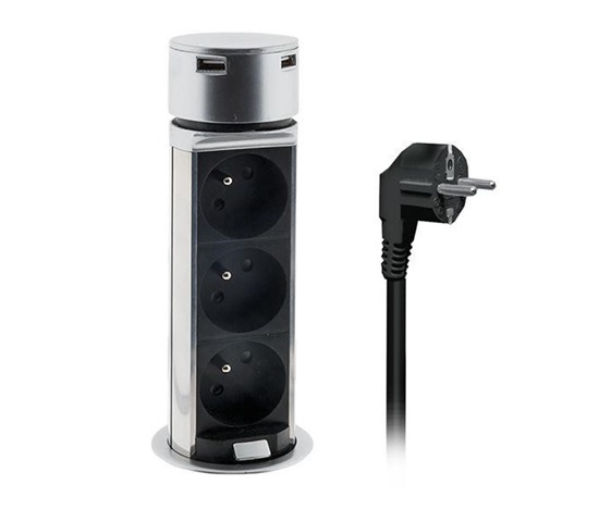 Solight USB výsuvný blok zásuvek, 3 zásuvky, plast, délka 1,5m, 3 x 1mm2, stříbrný