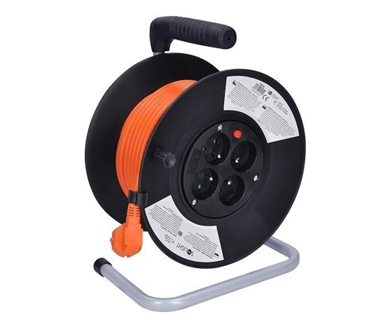 Solight prodlužovací přívod na bubnu, 4 zásuvky, 20m, oranžový kabel, 3x 1,5mm2