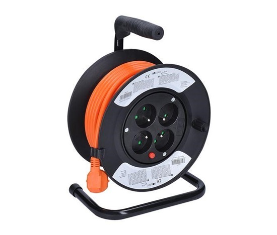 Solight prodlužovací přívod na bubnu, 4 zásuvky, 15m, oranžový kabel, 3x 1,5mm2