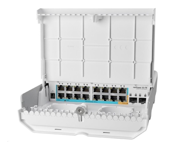 MikroTik Cloud Router Switch CRS318-1Fi-15Fr-2S-OUT, 800MHz CPU, 256MB, 16x10/100 (PoE-in,1x out),2xSFP, vč.L5, venkovní