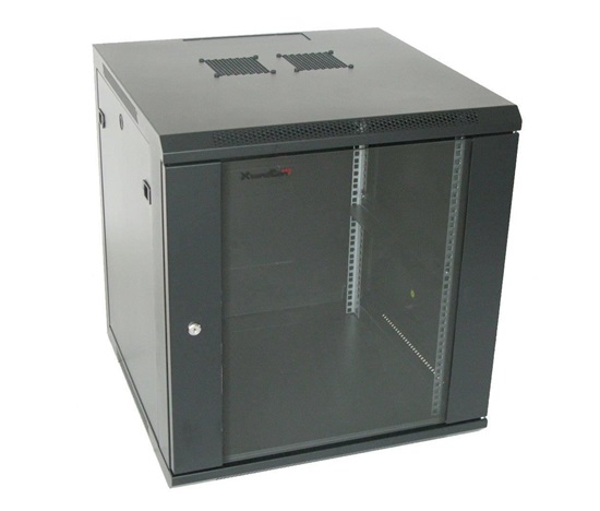 XtendLan 19" nástěnný rozvaděč 15U 600x600, nosnost 60 kg, skleněné kouřové dveře, rozložený, černý