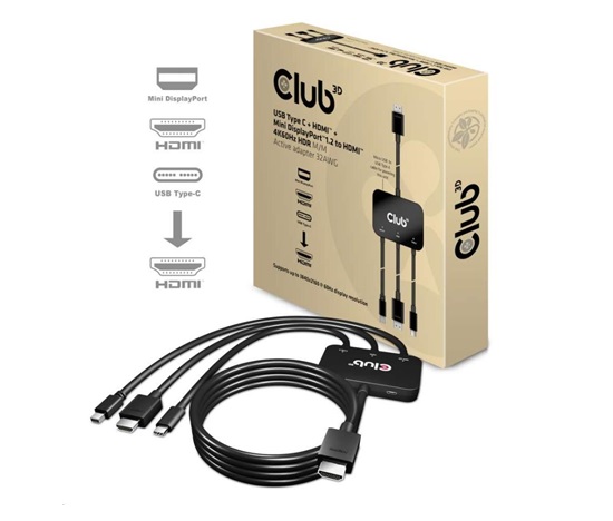 Club3D adaptér aktivní USB Type-C + Mini DP 1.2 + HDMI na HDMI 4K60Hz HDR, M/M, 32AWG