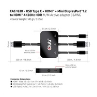 Club3D adaptér aktivní USB Type-C + Mini DP 1.2 + HDMI na HDMI 4K60Hz HDR, M/M, 32AWG
