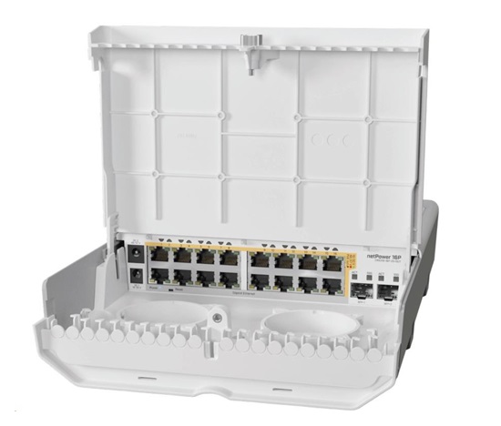 MikroTik Cloud Router Switch CRS318-16P-2S+OUT, 800MHz CPU, 256MB, 16x10/100/1000 (PoE-out),2xSFP+, vč.L5, venkovní