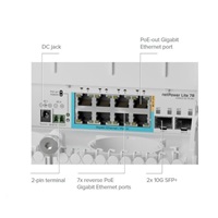 MikroTik CSS610-1Gi-7R-2S+OUT reverzní PoE switch, 8x Gigabit, 2x SFP+, 1x PoE out, 7x PoE in, 56Gbps