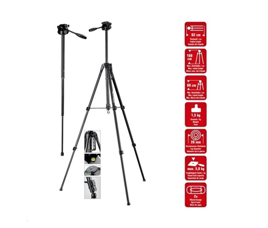 Braun stativ LW 168S (62-168cm, 1500 g, 3-směrná hlava, max.5kg, monopod)