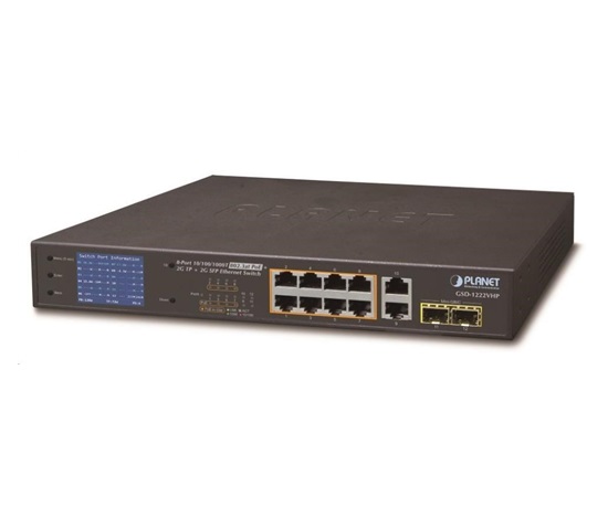 Planet GSD-1222VHP Switch, 8x PoE + 2x 1000Base-T + 2x SFP, LCD,VLAN, extend mód 10Mb do 250m, IEEE 802.3at 120W