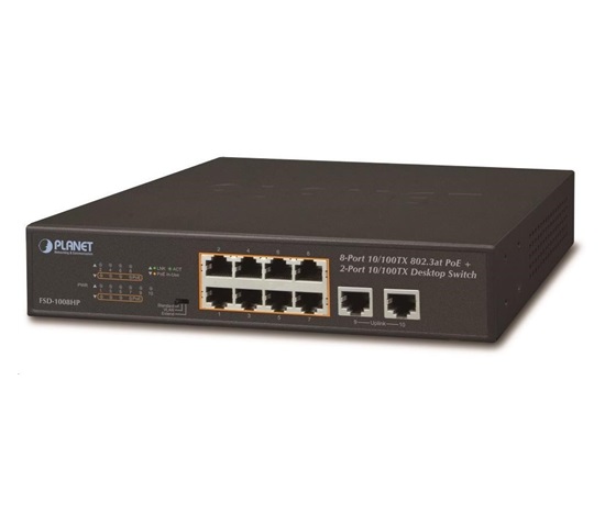 Planet FSD-1008HP Switch, PoE 8x PoE 802.3at 120W+ 2x 100Base-TX,VLAN,extend mód 10Mb/s do 250m, fanless