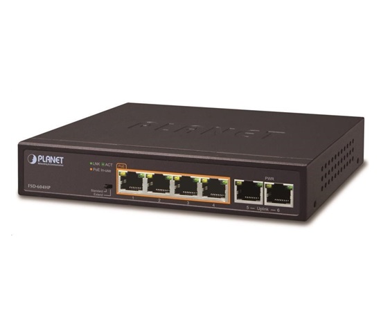 Planet FSD-604HP Switch, 4x PoE 802.3at 60W+ 2x 100Base-TX, VLAN, extend mód 10Mb/s do 250m, fanless, ESD