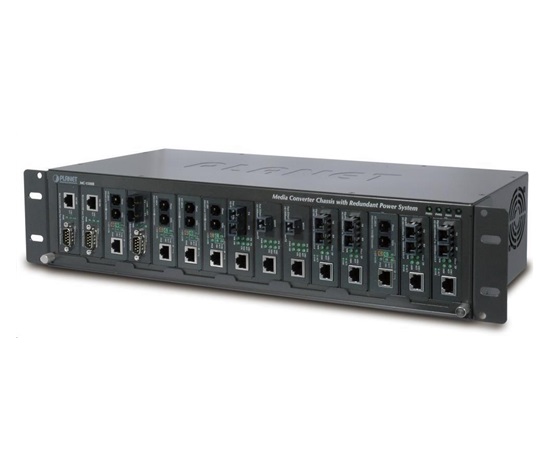Planet MC-1500R, 15 slotů pro media konverotry, 19"/2,5U, napájení AC 230V, možno dokoupit DC 48V zdroj (redundance)