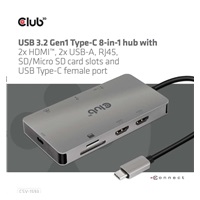 Club3D Dokovací stanice USB-C 8v1, 2xHDMI, 1xUSB-C, 1xUSB, čtečka SD karet, 1xRJ45, šedá