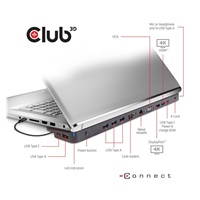 Club3D Dokovací stanice USB-C 14v1, 1xDP, 1xHDMI, 1xVGA, 2xUSB-C, 5xUSB, čtečka SD karet, 1xRJ45, černá