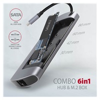 AXAGON HMC-6M2, USB 3.2 Gen 1 hub, porty 2x USB-A, HDMI, RJ-45 GLAN, SATA M.2 slot, PD 100W, kabel USB-C 18cm