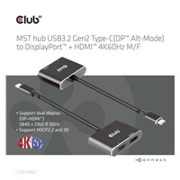 Club3D hub MST (Multi Stream Transport) USB3.2 Gen2 Type-C(DP Alt-Mode) na DisplayPort + HDMI 4K60Hz (M/F)