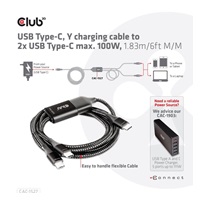 Club3D nabíjecí kabel USB Type-C, Y charging cable to 2x USB Type-C max. 100W, 1.83m/6ft M/M