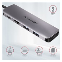 AXAGON HMC-5, USB 3.2 Gen 1 hub, porty 2x USB-A, HDMI, SD/microSD slot, PD 100W, kabel USB-C 20cm