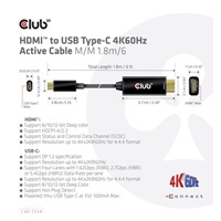 Club3D aktivní kabel HDMI na USB-C, 4K60Hz, 1.8m, M/M