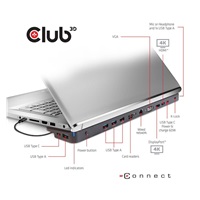 Club3D Dokovací stanice USB-C 14v1, 1xDP, 1xHDMI, 1xVGA, 2xUSB-C, 5xUSB, čtečka SD karet, černá