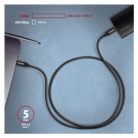 AXAGON BUCM3-CM15AB, SPEED kabel USB-C <-> USB-C, 1.5m, USB 3.2 Gen 1, PD 60W 3A, ALU, oplet, černý