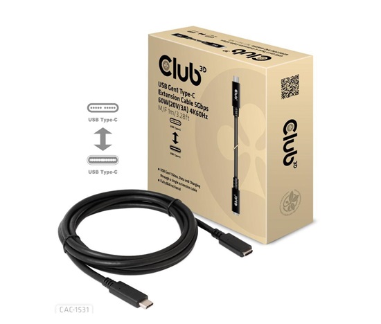 Club3D Prodlužovací kabel USB-C, 5Gbps, 60W(20V/3A), 4K60Hz (M/F), 1m