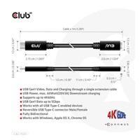 Club3D Prodlužovací kabel USB-C, 5Gbps, 60W(20V/3A), 4K60Hz (M/F), 1m