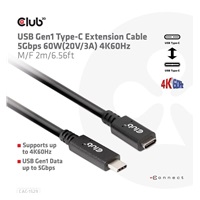 Club3D Prodlužovací kabel USB-C, 5Gbps 60W(20V/3A), 4K 60Hz (M/F), 2m