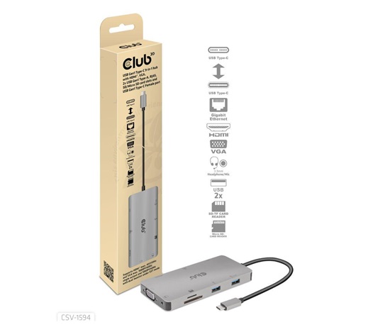 Club3D hub USB-C, 9-in-1 hub s HDMI, VGA, 2x USB Gen1 Type-A, RJ45, 100W PD