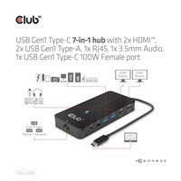 Club3D hub USB-C, 7-in-1 hub s 2x HDMI, 2x USB Gen1 Type-A, 1x RJ45, 1x 3.5mm audio, 1x USB Gen1 Type-C, 100W PD