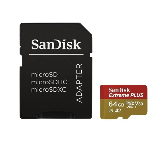 SanDisk micro SDXC karta 64GB Extreme PLUS (200 MB/s Class 10, UHS-I U3 V30) + adaptér
