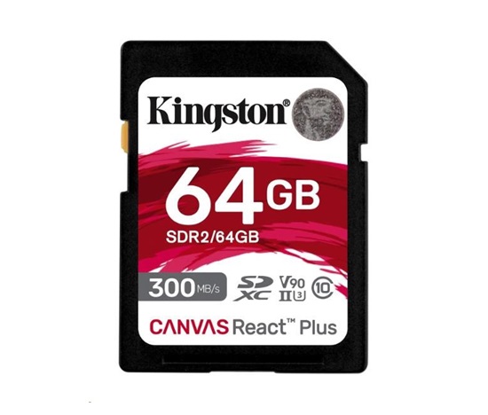 Kingston SDXC karta 64GB Canvas React Plus SDHC UHS-II 300R/260W U3 V90 for Full HD/4K/8K
