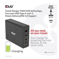 Club3D cestovní nabíječka 132W GAN technologie, 4xUSB-A a USB-C, PD 3.0 Support