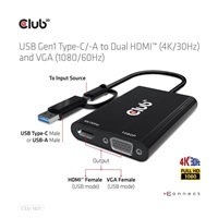 Club3D adaptér USB Gen1 Type-C/-A to Dual HDMI (4K/30Hz) / VGA (1080/60Hz)