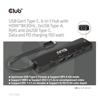 Club3D hub USB-C, 6-in-1 Hub s HDMI 8K30Hz, 2xUSB Type-A, RJ45 a 2xUSB Type-C, Data a PD nabíjení 100W