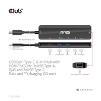 Club3D hub USB-C, 6-in-1 Hub s HDMI 8K30Hz, 2xUSB Type-A, RJ45 a 2xUSB Type-C, Data a PD nabíjení 100W