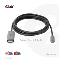 Club3D kabel USB-C na HDMI, 4K120Hz 8K60Hz HDR10 s DSC1.2, Aktivní kabel, M/M, 3m