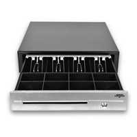 Virtuos pokladní zásuvka C430D - s kabelem, kovové držáky, nerez panel, 9-24V, černá